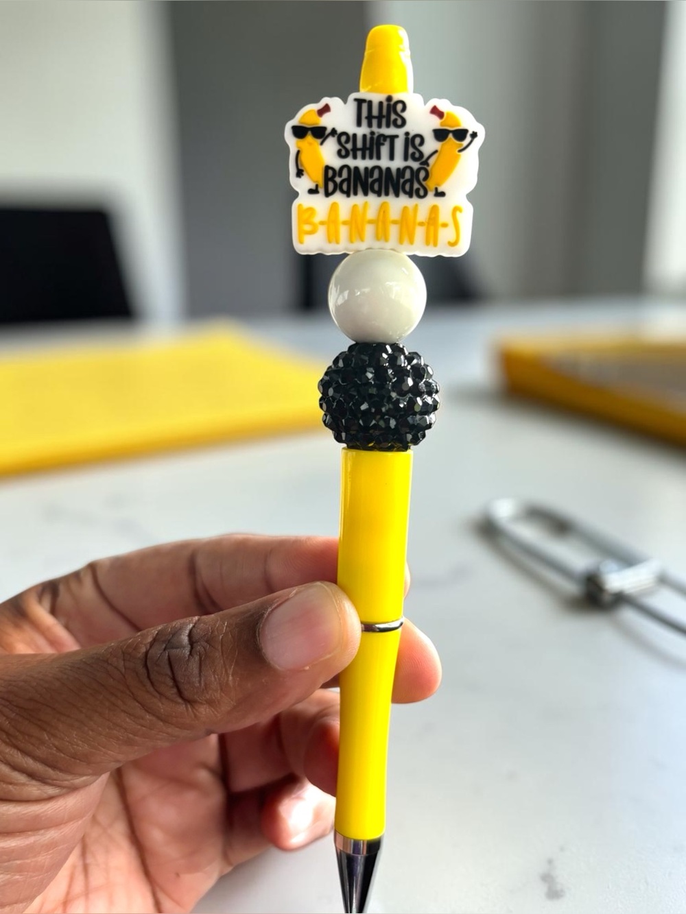 Handcrafted Bananas Novelty Yellow Pen with “ This Shift is Bananas “ Bead Charm